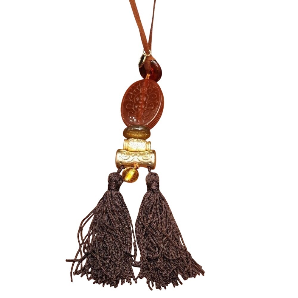 Chico's Brown Faux Suede‎ Tassel Pendant Necklace Carved Amber Resin Gold Tone